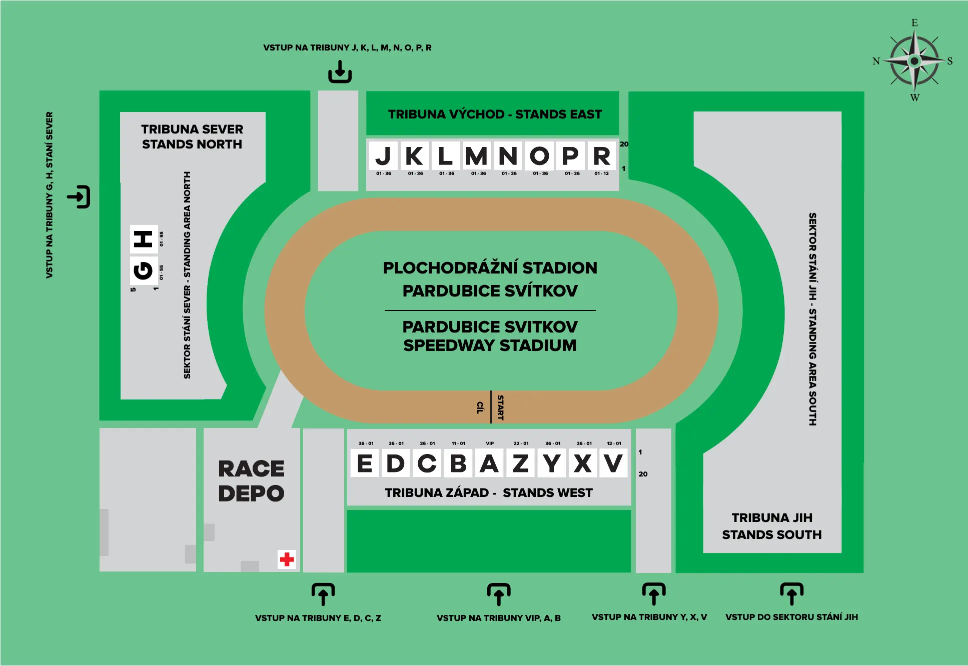 Aktuální mapa tribun, sektorů, stání a vchodů plochodrážního stadionu